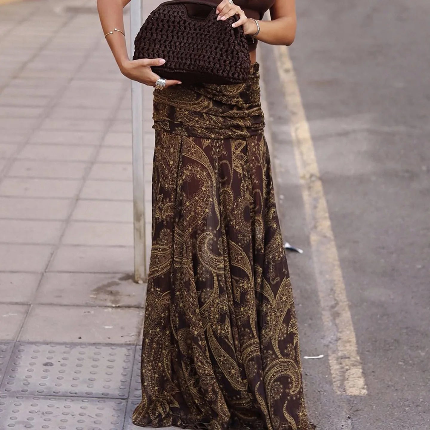 Irregular Printed Big Swing Long Skirts for Women High Waist Buttock Cover A-Line Maxi Skirt Female Vintage Bottom Clothes