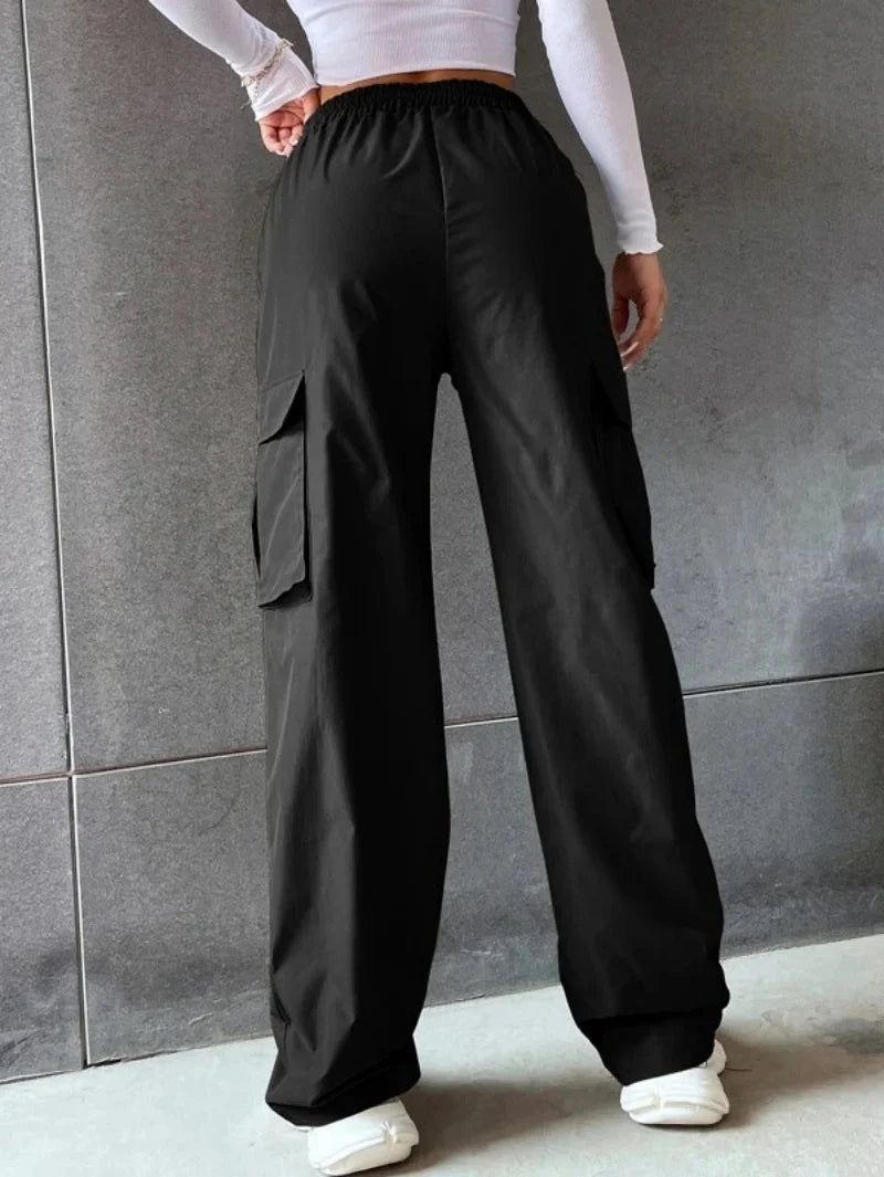 Y2K Solid Ripped Baggy Pants Fashion Women Pocket Elastic Waist Retro Straight Sweatpant Casual Streetwear Cargo New Trousers