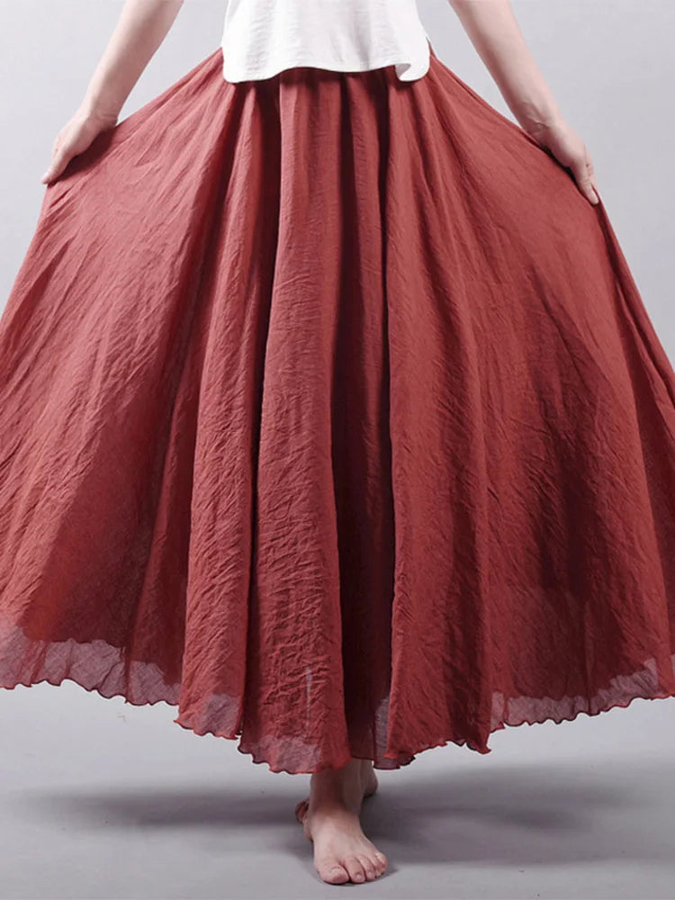 Women's Elegant High Waist Linen Maxi Skirt 2024 Summer Ladies Casual Elastic Waist 2 Layers Skirts saia feminina