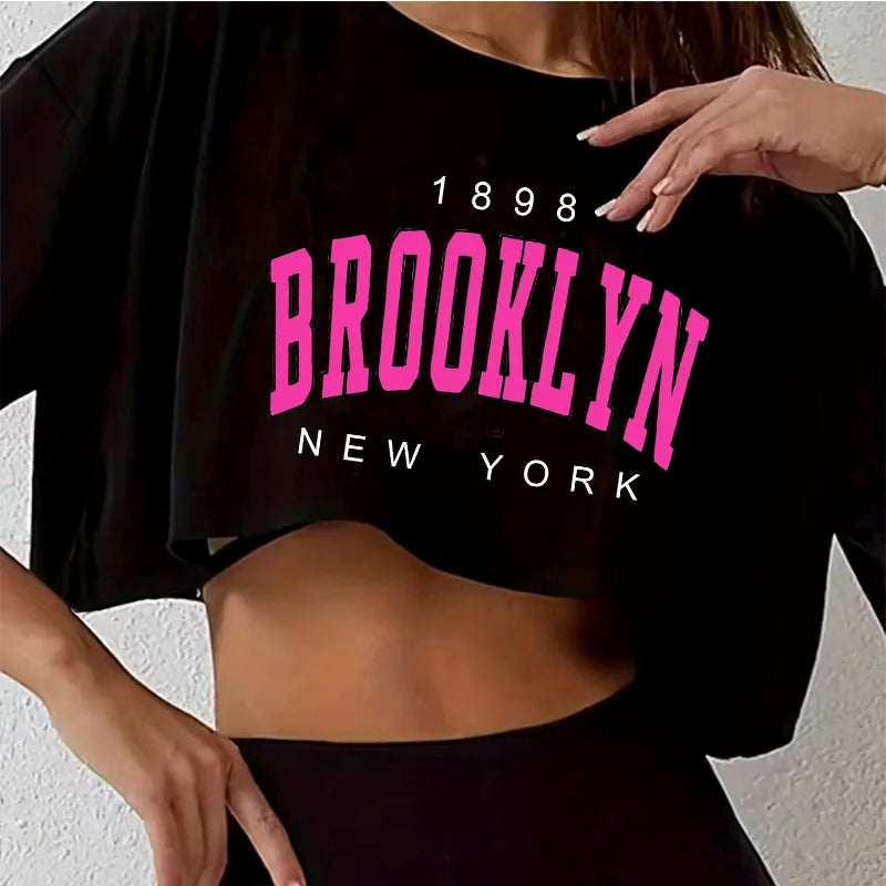T Shirt Los Angeles Number 91 Brooklyn Graphic Round Neck Sports Crop T-shirt Casual Crop Top Women Cropped