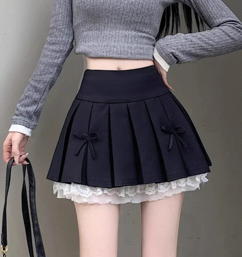Korean Fashion Sweet High Waist College Pleated Skirt for Womenn Lace Preppy Bow Skirt Female A-line Pleated Skirt Y2k