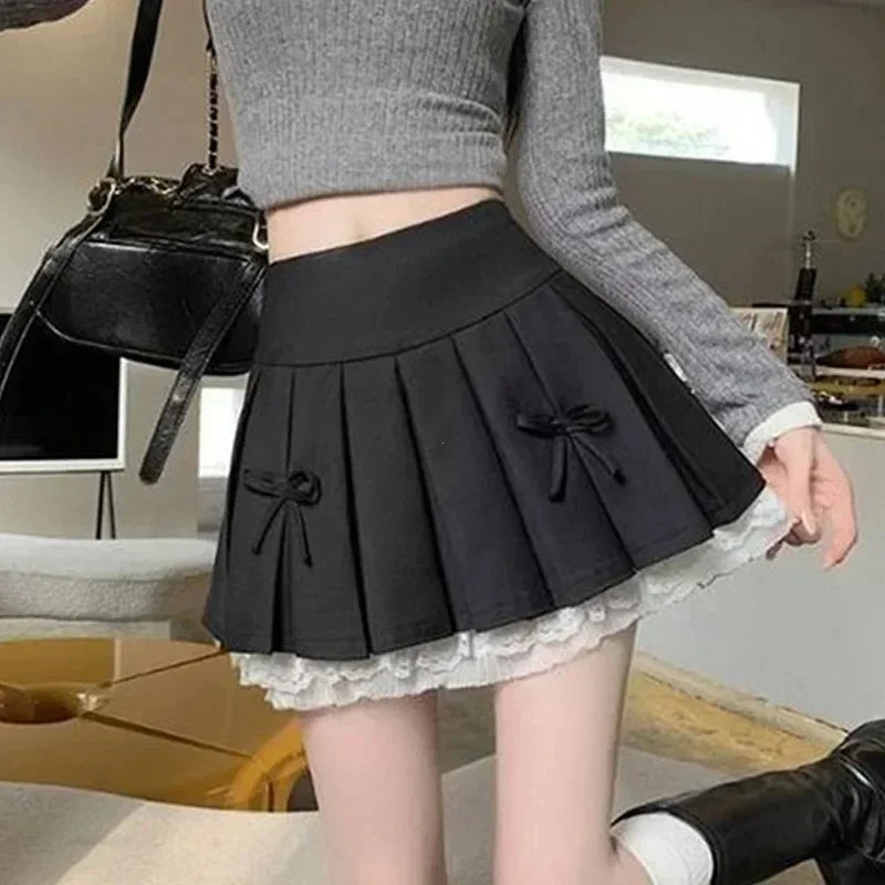 Korean Fashion Sweet High Waist College Pleated Skirt for Womenn Lace Preppy Bow Skirt Female A-line Pleated Skirt Y2k