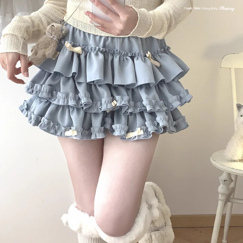 Y2K Sweet Ruffles Mini Skirt Women Kawaii Lolita Bow A Line Skirts Harajuku Japanese Cute High Waist Pink Blue Cake Skirt