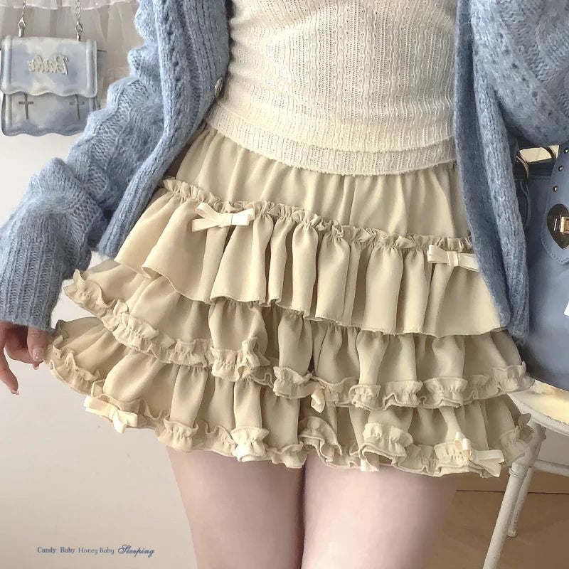 Y2K Sweet Ruffles Mini Skirt Women Kawaii Lolita Bow A Line Skirts Harajuku Japanese Cute High Waist Pink Blue Cake Skirt