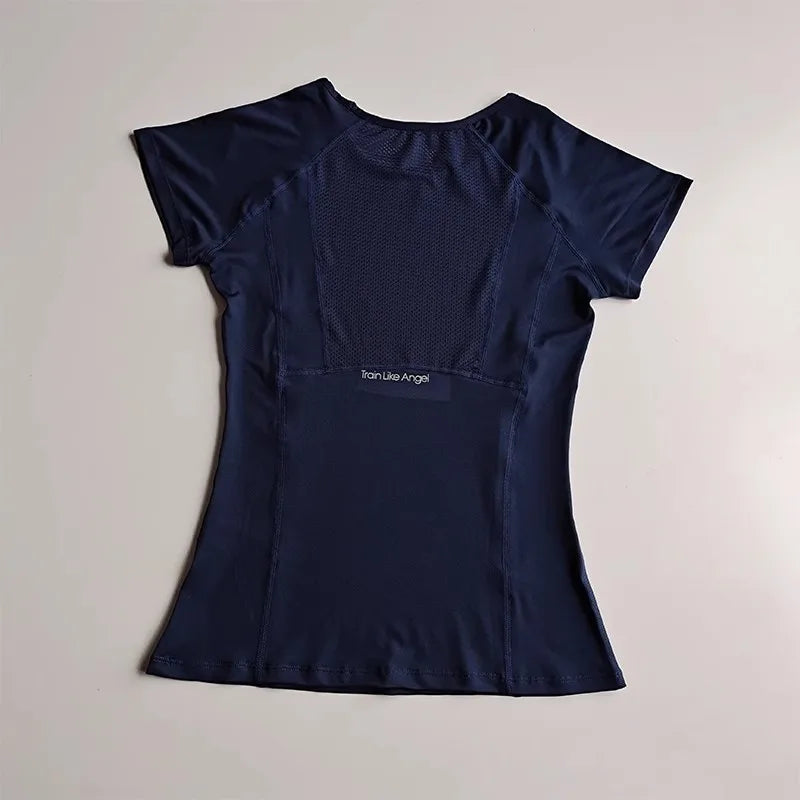 Women's sports and fitness short sleeved shirt, round neck pullover, mesh breathable quick drying yoga and fitness T-shirt