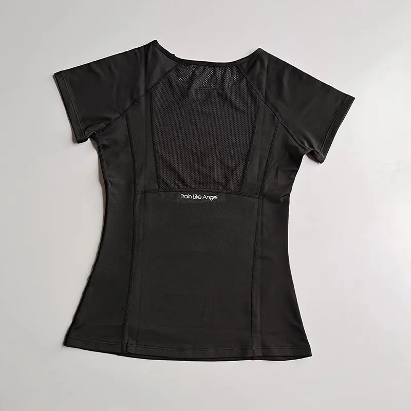 Women's sports and fitness short sleeved shirt, round neck pullover, mesh breathable quick drying yoga and fitness T-shirt