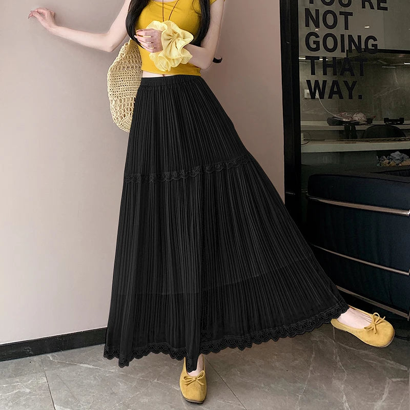 Summer High Waist Chiffon Pleated Skirt - Stretchy A-Line Flowy Midi Skirt with Lace Trim, Slimming Casual Long Skirt for Women