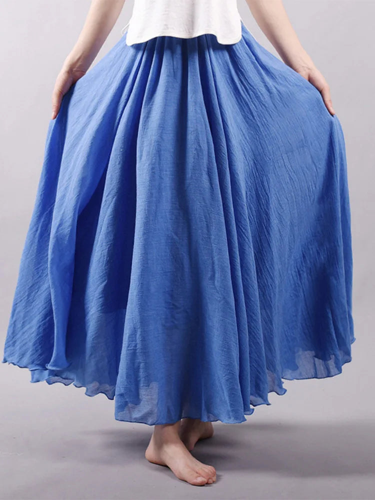 Women's Elegant High Waist Linen Maxi Skirt 2024 Summer Ladies Casual Elastic Waist 2 Layers Skirts saia feminina