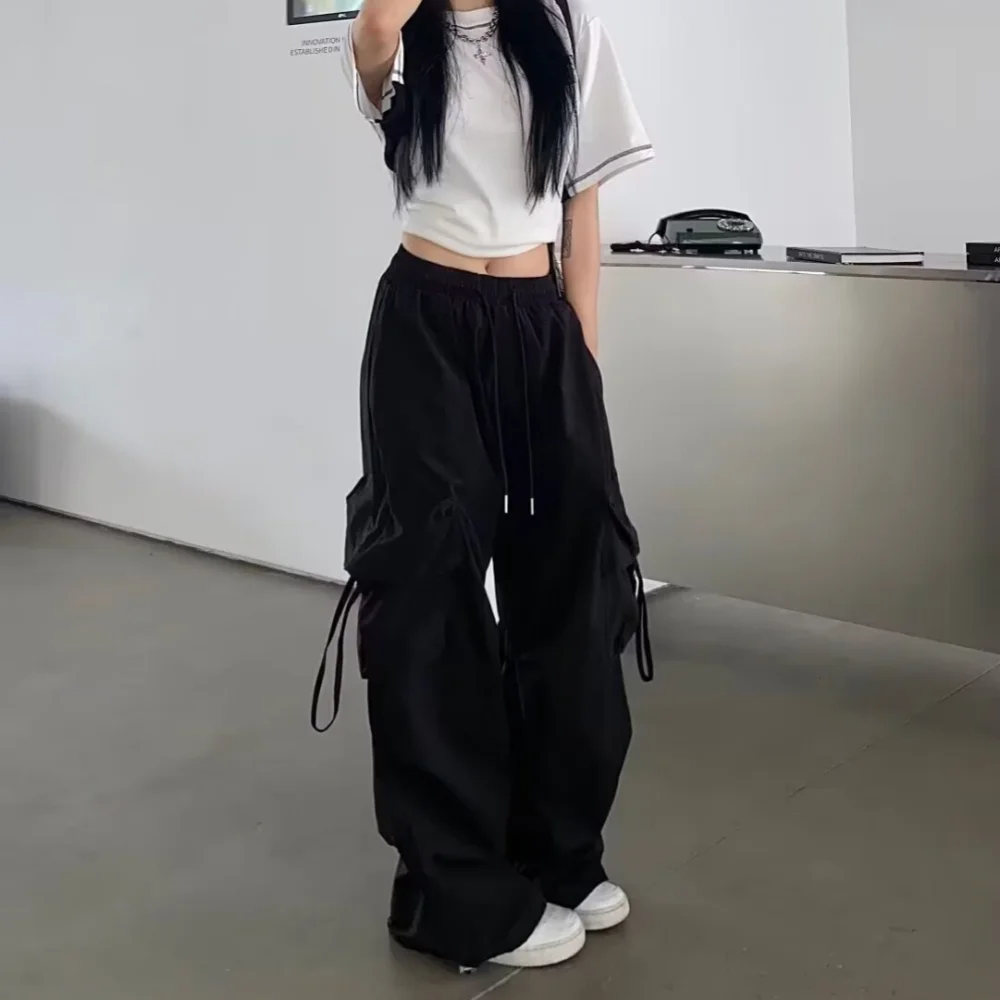 2025 New Vintage Loose Wide Leg Pants High Street Y2K Retro Hip Hop Solid Sweatpant Casual Women Cargo Commute Jogger Trousers