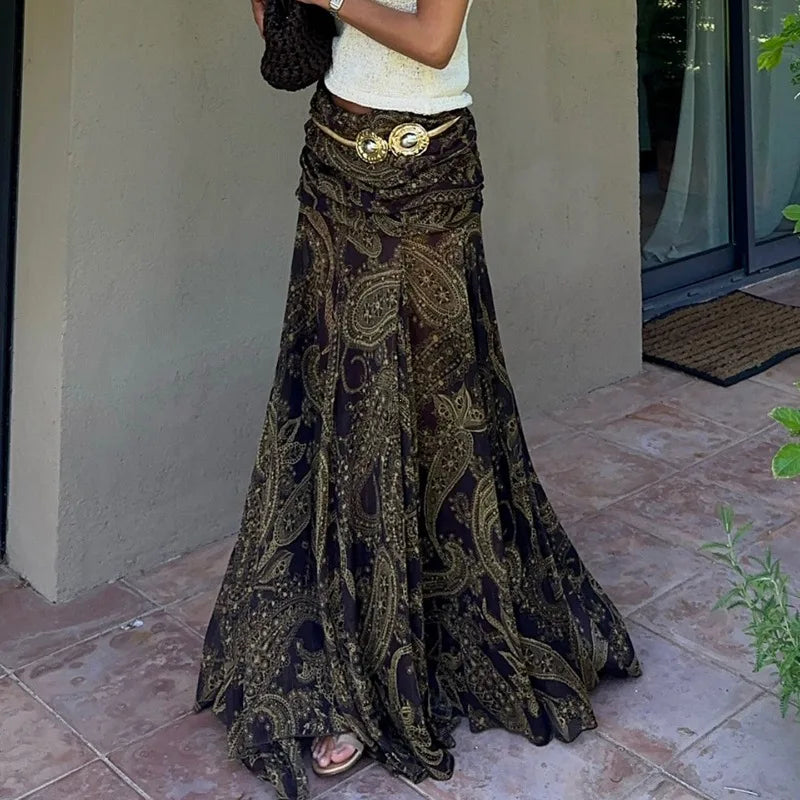 Irregular Printed Big Swing Long Skirts for Women High Waist Buttock Cover A-Line Maxi Skirt Female Vintage Bottom Clothes