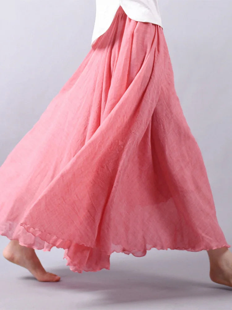 Women's Elegant High Waist Linen Maxi Skirt 2024 Summer Ladies Casual Elastic Waist 2 Layers Skirts saia feminina