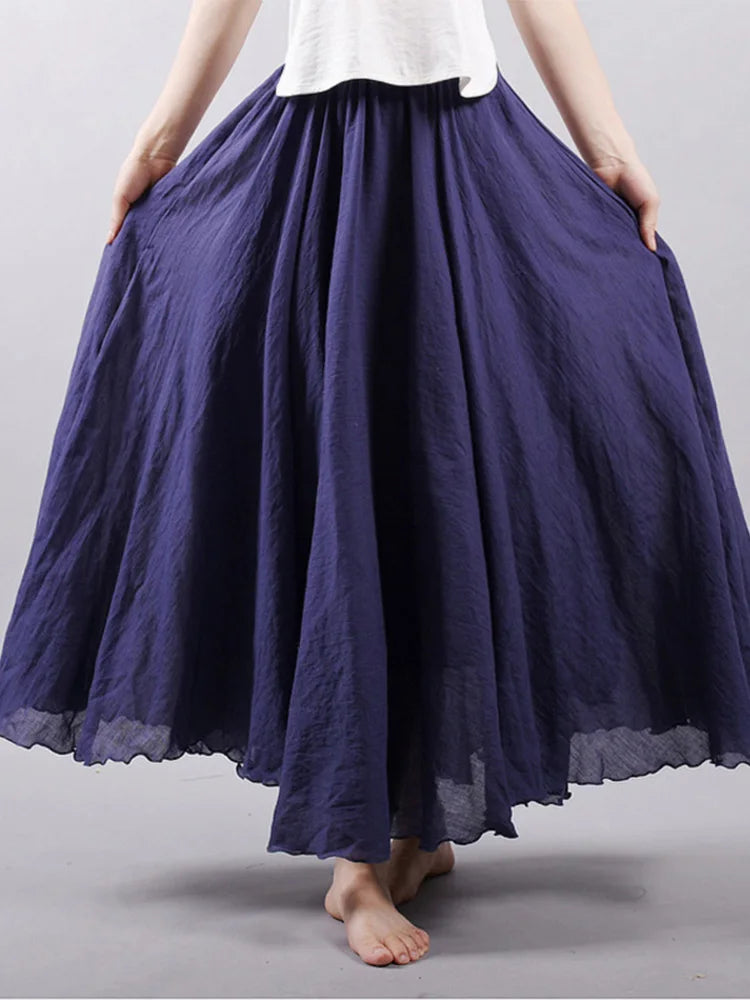 Women's Elegant High Waist Linen Maxi Skirt 2024 Summer Ladies Casual Elastic Waist 2 Layers Skirts saia feminina