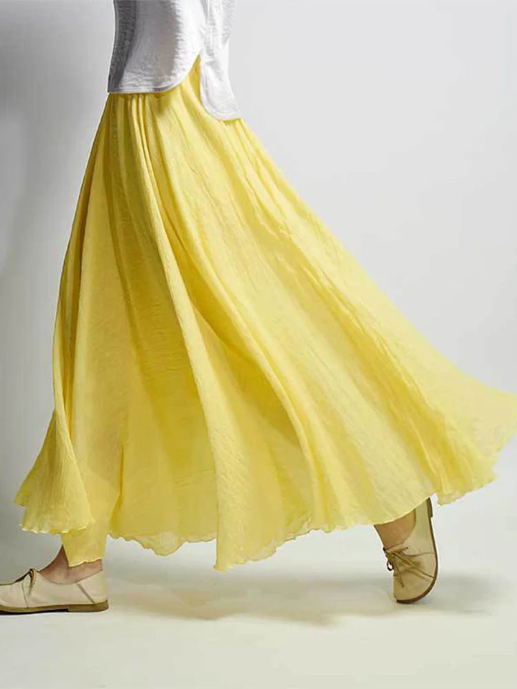 Women's Elegant High Waist Linen Maxi Skirt 2024 Summer Ladies Casual Elastic Waist 2 Layers Skirts saia feminina